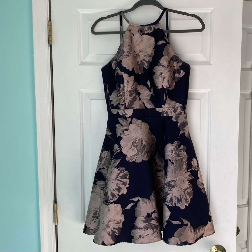 Printed open-back fit and flare dress